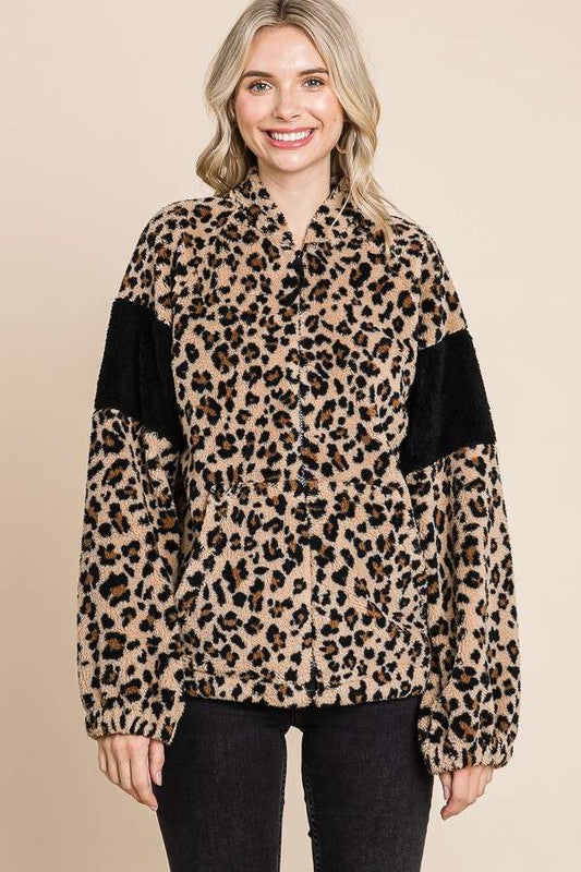 Faux Fur Leopard Black Sleeve Band Jacket