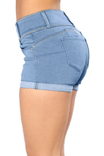 Load image into Gallery viewer, Light Blue Mid Rise Triple Button Stretch Denim Shorts
